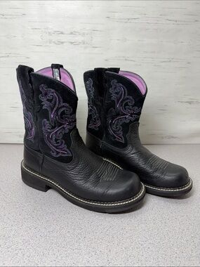 Women's Black Leather Western Mules with Purple Embroidery